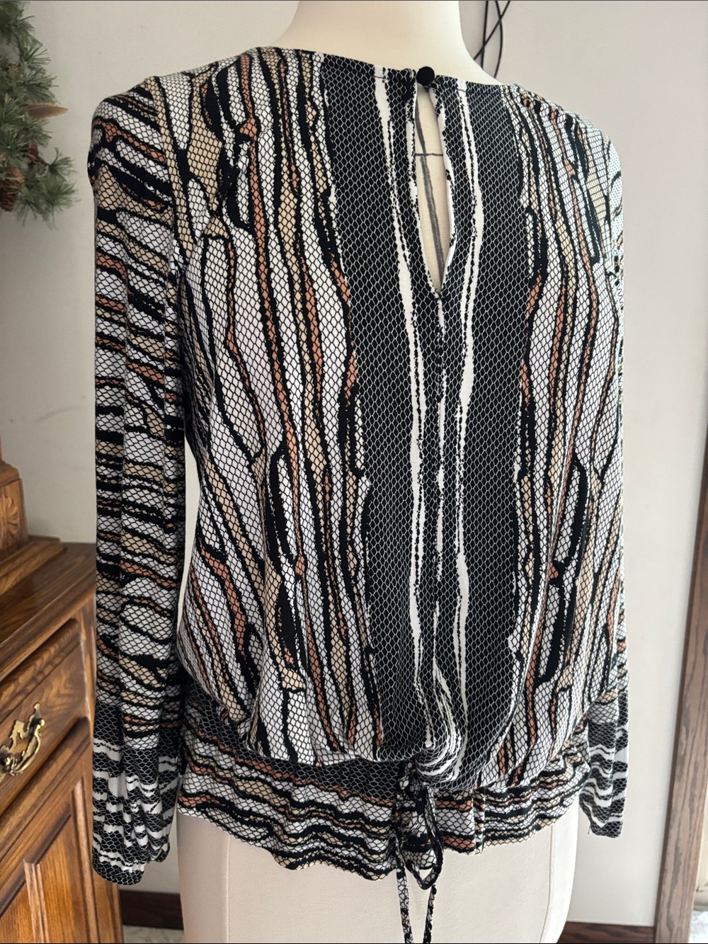 Striped Black & White Blouse with Brown Accents